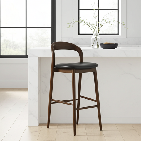 Productnaam: Teak Barkruk “Kyoto” – 80 cm Zithoogte met Zwarte PU Zitting