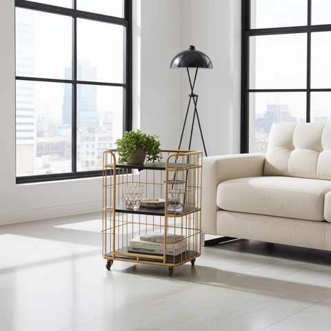 Industriële sitetable met wielen goud 