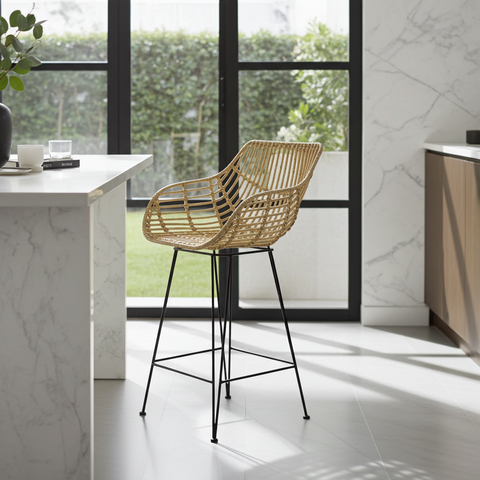 Rotan barkruk met arm- Wood -naturel